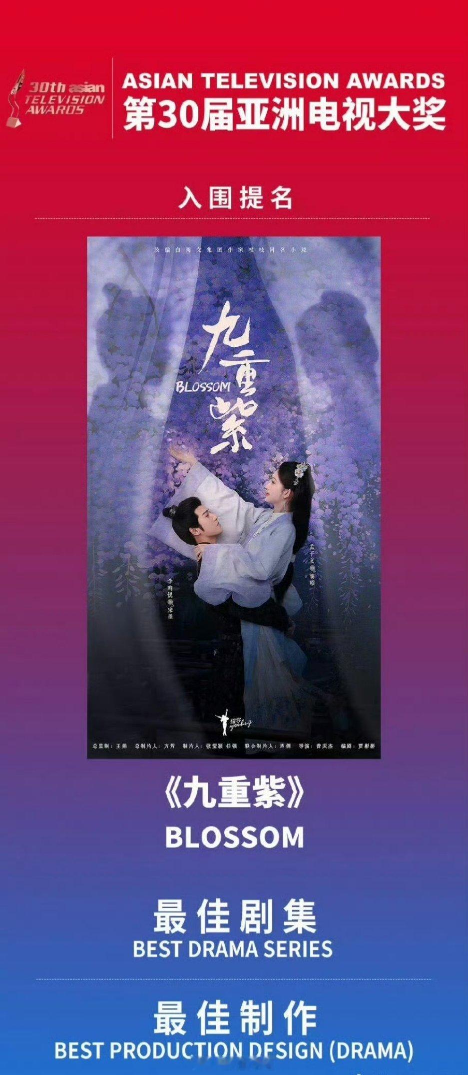 哇哦，孟子义跟李昀锐主演的《九重紫》入围第30届亚洲电视大奖了，最佳剧集、最佳制