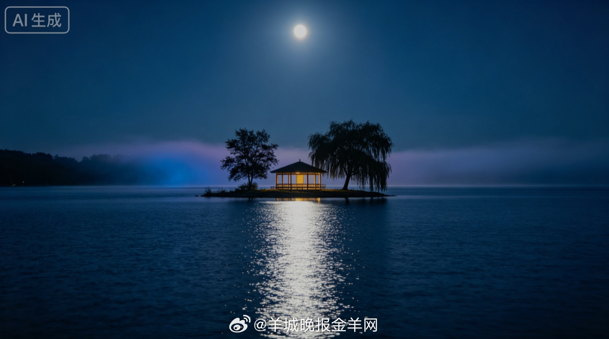 #晚安# 如水月光铺满湖面，孤岛小亭静立波光中央，晚风轻拂水面泛起细碎银纹。独坐