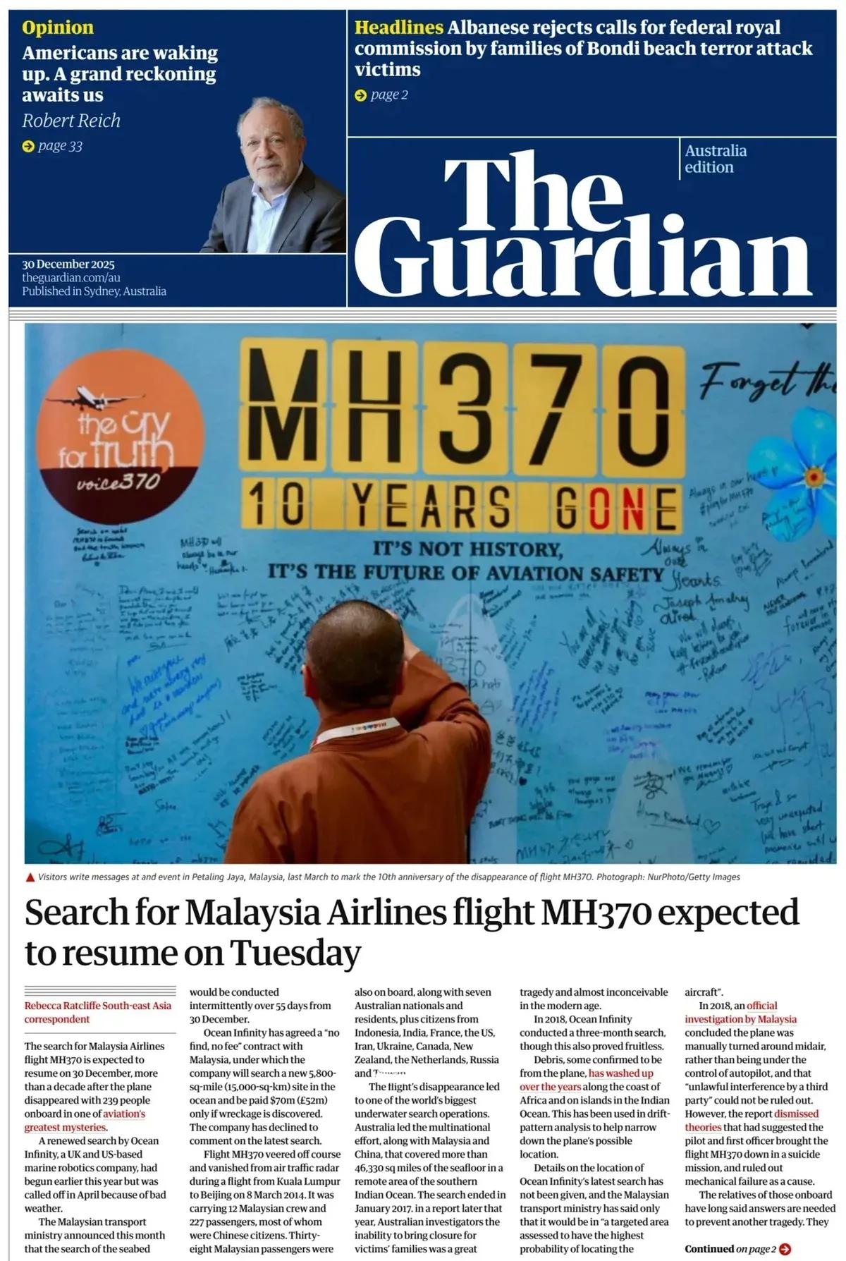 马来西亚航空370至今为止还有许多重大谜团。
《卫报》澳大利亚版报道称，周三，印