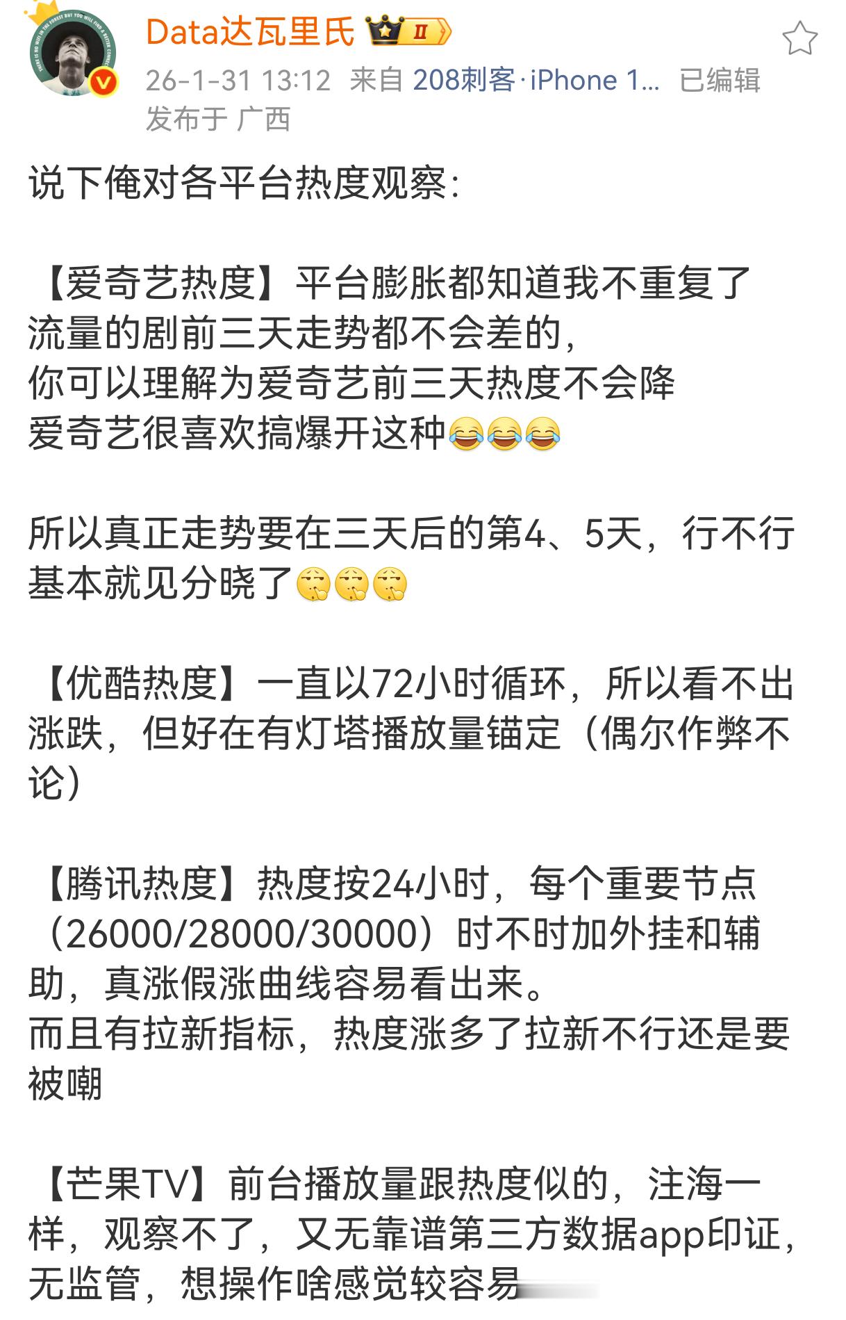 这个总结是对的，平台热度都在膨胀，所以才让第三方数据的含金量变得更不可或缺，简单