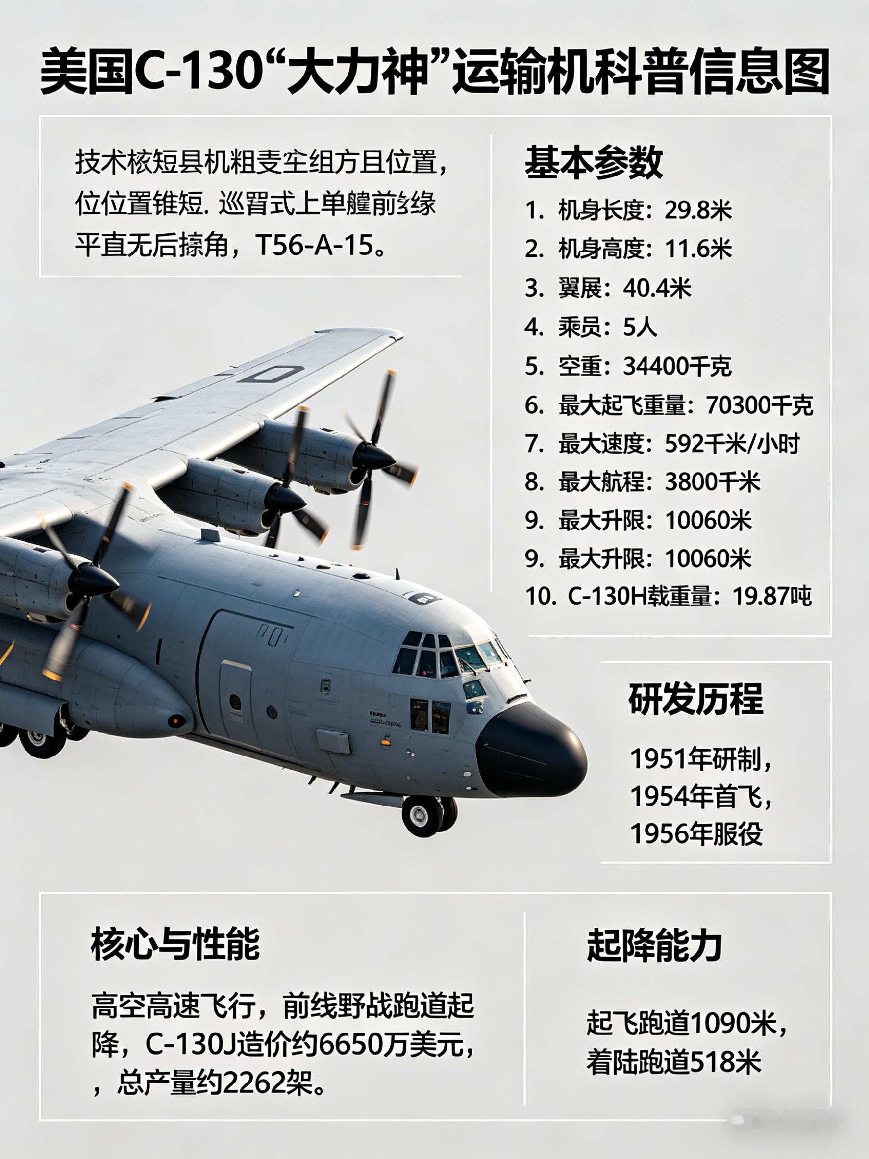 军事ai新视野  美国C-130“大力神”运输机机身长度：29.8米机身高度：1