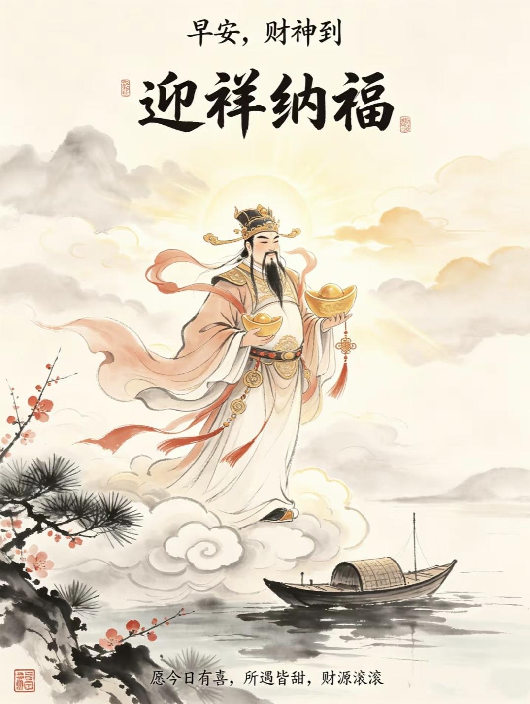 早安，财神携福至！踏云捧宝送吉祥，愿你事事皆顺意，财喜双临笑颜开。传统文化 传递