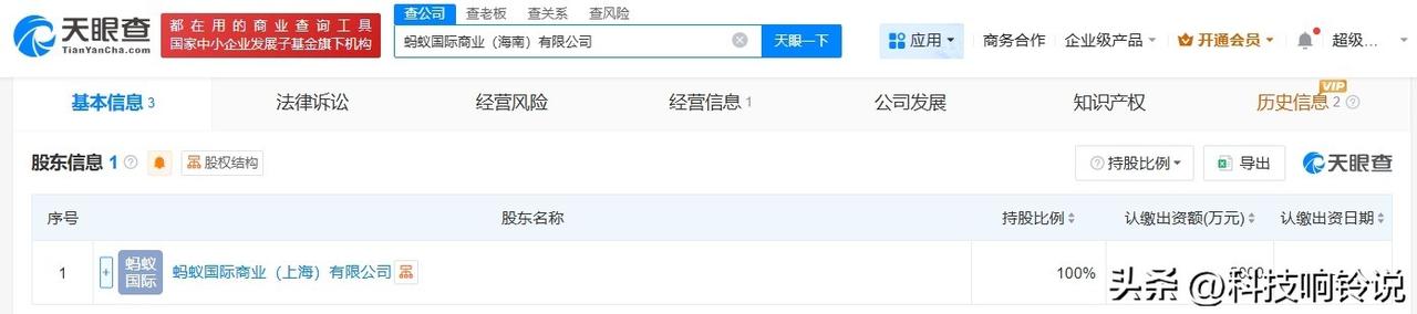 【蚂蚁国际在海南成立新公司 注册资本5000万】
天眼查工商信息显示，近日，蚂蚁