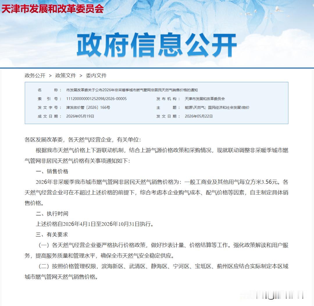 注意啦，天津天然气价格确定！市发改委刚刚发布了最新通知，关乎咱们生意人的成本，赶