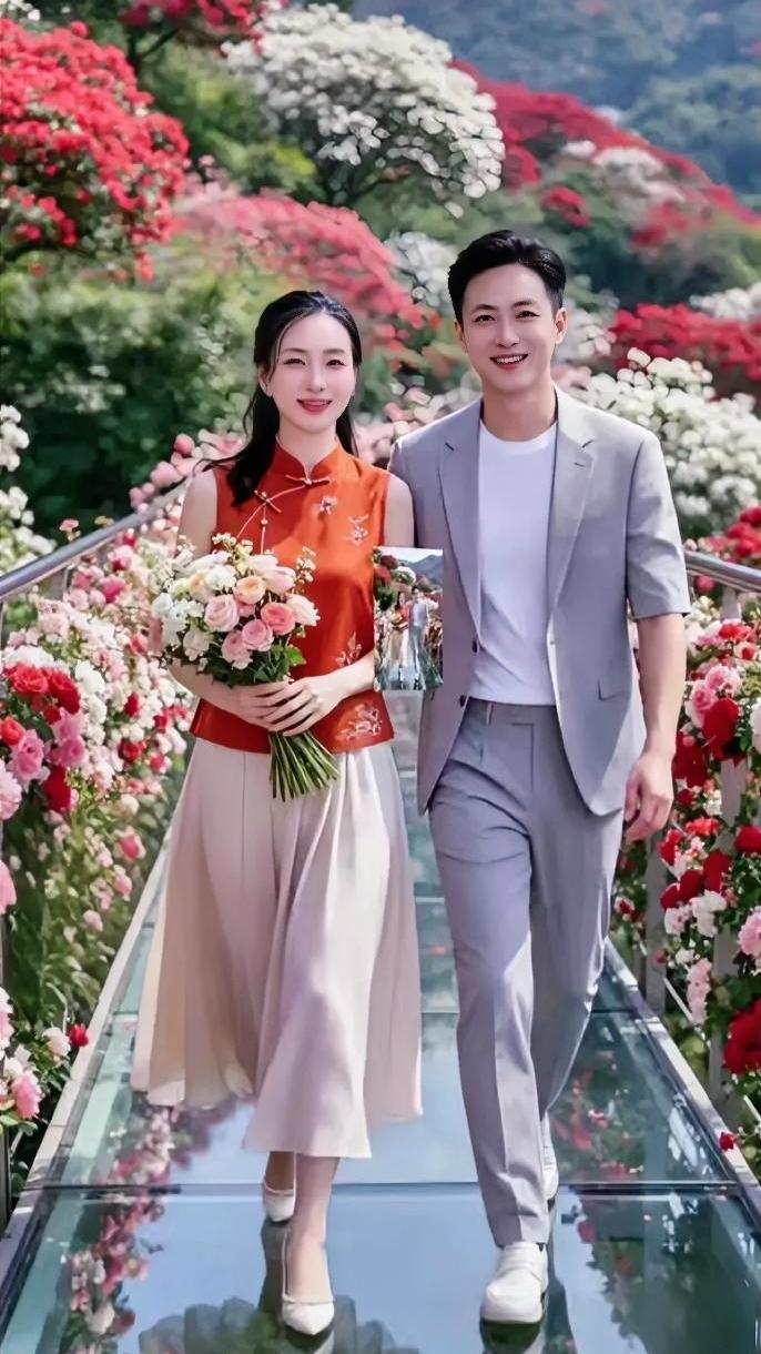 澄澈蓝天与蔚蓝大海相映，细软沙滩上，一把复古花伞衬出温柔氛围感。女士手捧鲜花，温