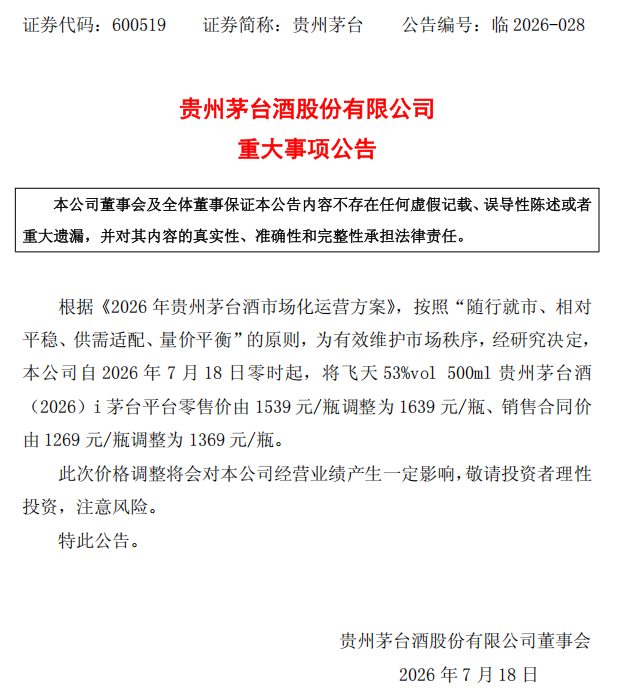 【#飞天茅台涨价100元# 】 7月17日晚间，贵州茅台发布公告称，自2026年