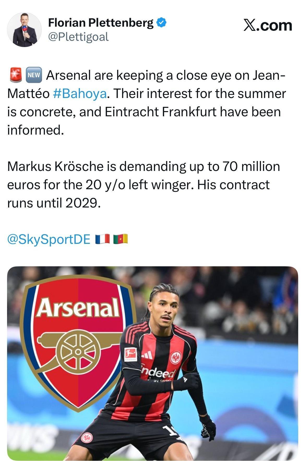 德国天空体育普拉滕贝格：阿森纳正在密切关注巴霍亚。他们对在明年夏天引进该球员的兴