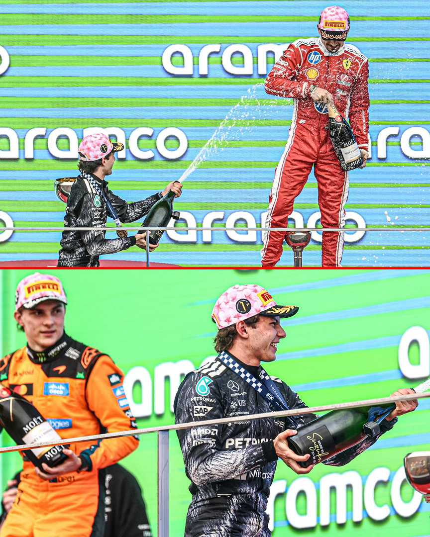 安东内利在日本站颁奖台没办法开香槟庆祝胜利，因为他还没有达到日本法定饮酒年龄。f