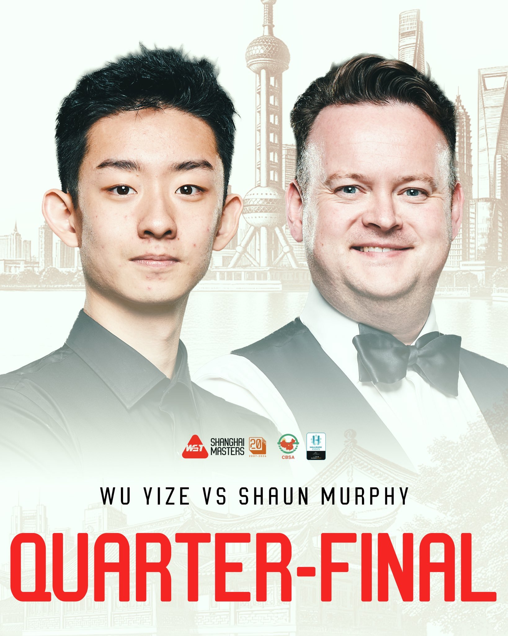 斯诺克上海大师赛 晚场2桌四分之一决赛（11局6胜）前4局比分：吴宜泽3-1肖恩