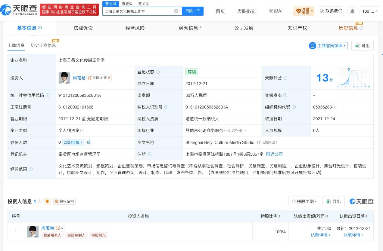 周笔畅工作室经营异常

周笔畅独资企业经营异常
天眼查App显示，近日，上海贝易