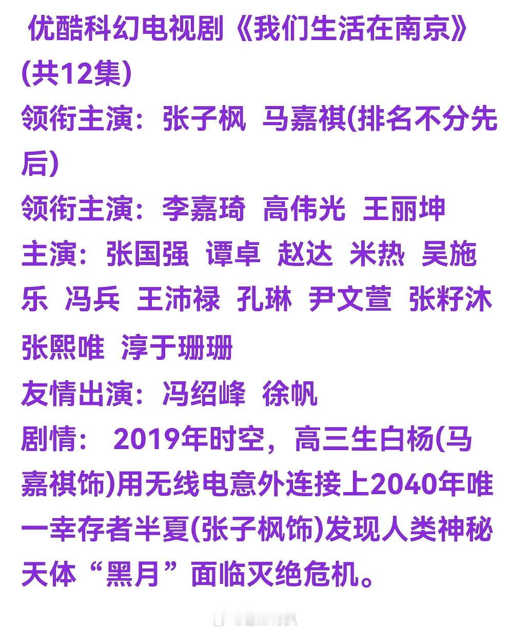 影视🍉《我们生活在南京》演员阵容，张子枫 马嘉祺平番。 ​​​