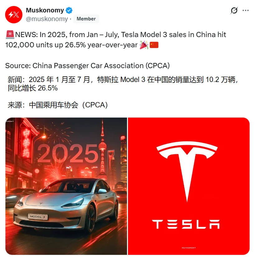 海外博主“Muskonomy”援引乘联会统计数据，今年1-7月Model 3中国
