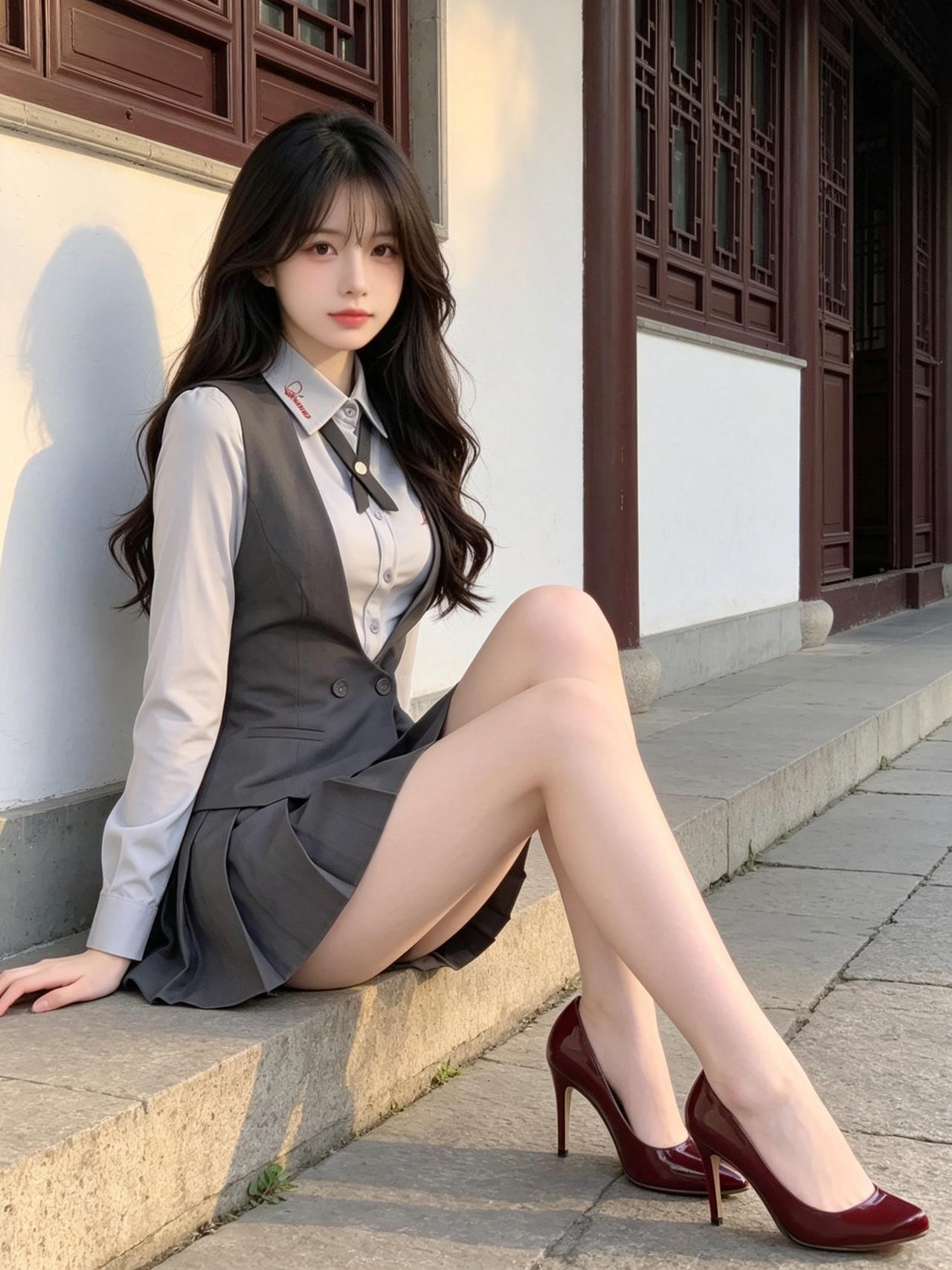 什么样的女人最有吸引力阳光洒在古建旁，灰西装裙配红高跟鞋，这坐姿也太绝