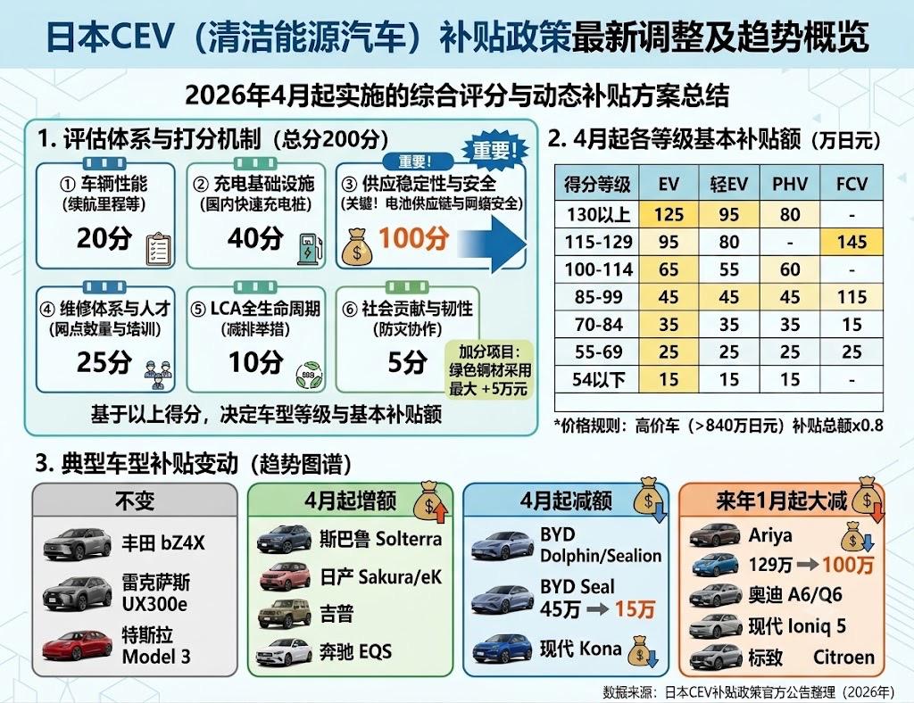 日本2026年CEV补贴：保护产业，还是限制竞争？
从评分机制来看，比亚迪可能难