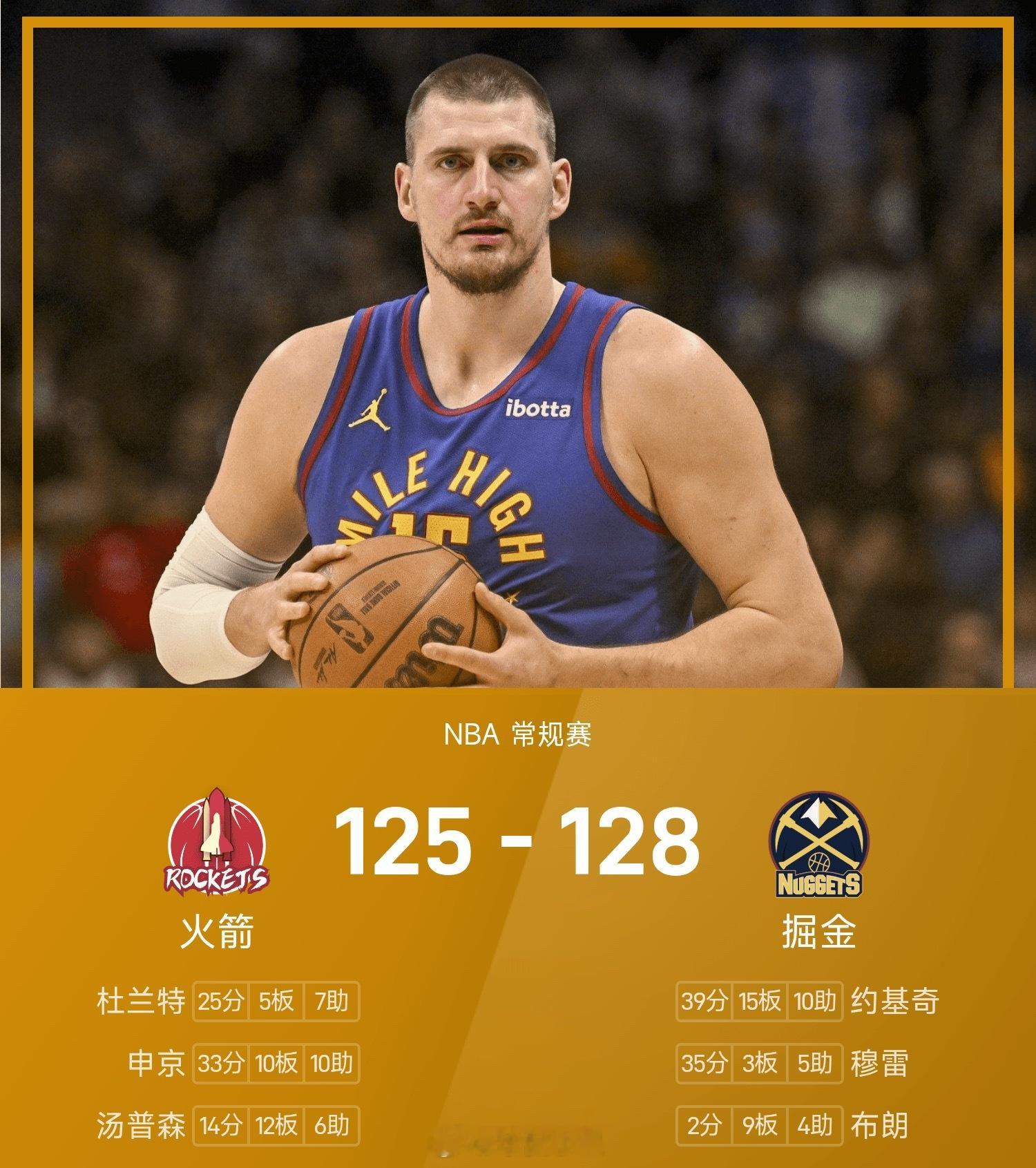 25/26赛季NBA 常规赛，掘金对阵火箭。双方全场战罢，掘金128-125战胜