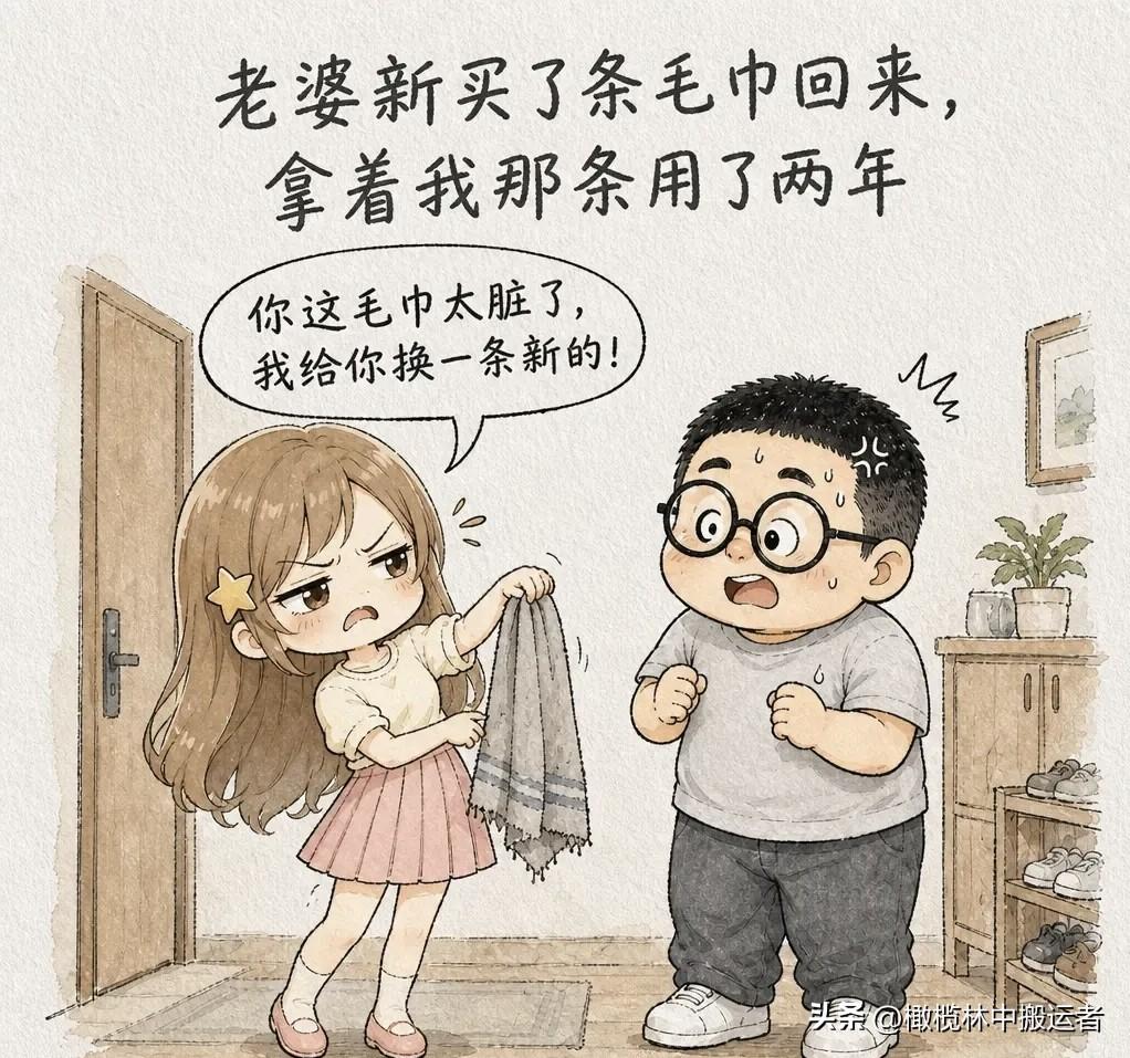 趣味漫画：老婆新买了条毛巾回来，拿着我那条用了两年的旧毛巾一脸嫌弃：“你这毛巾太