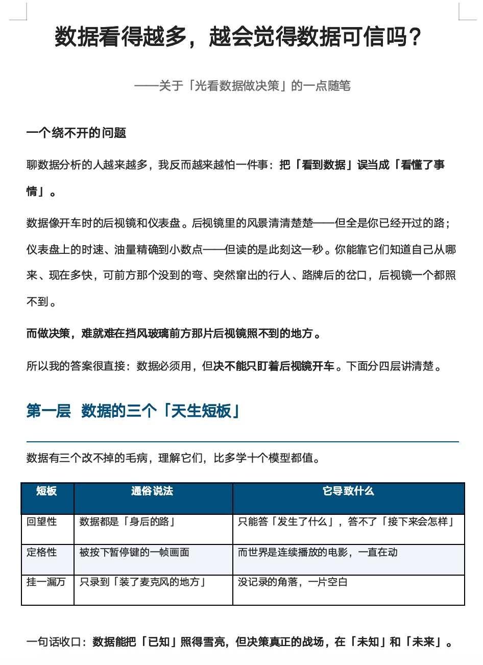 数据必须用，但不能只用。数据像开车时的后视镜——照得清你开过的路，却照不到前方的