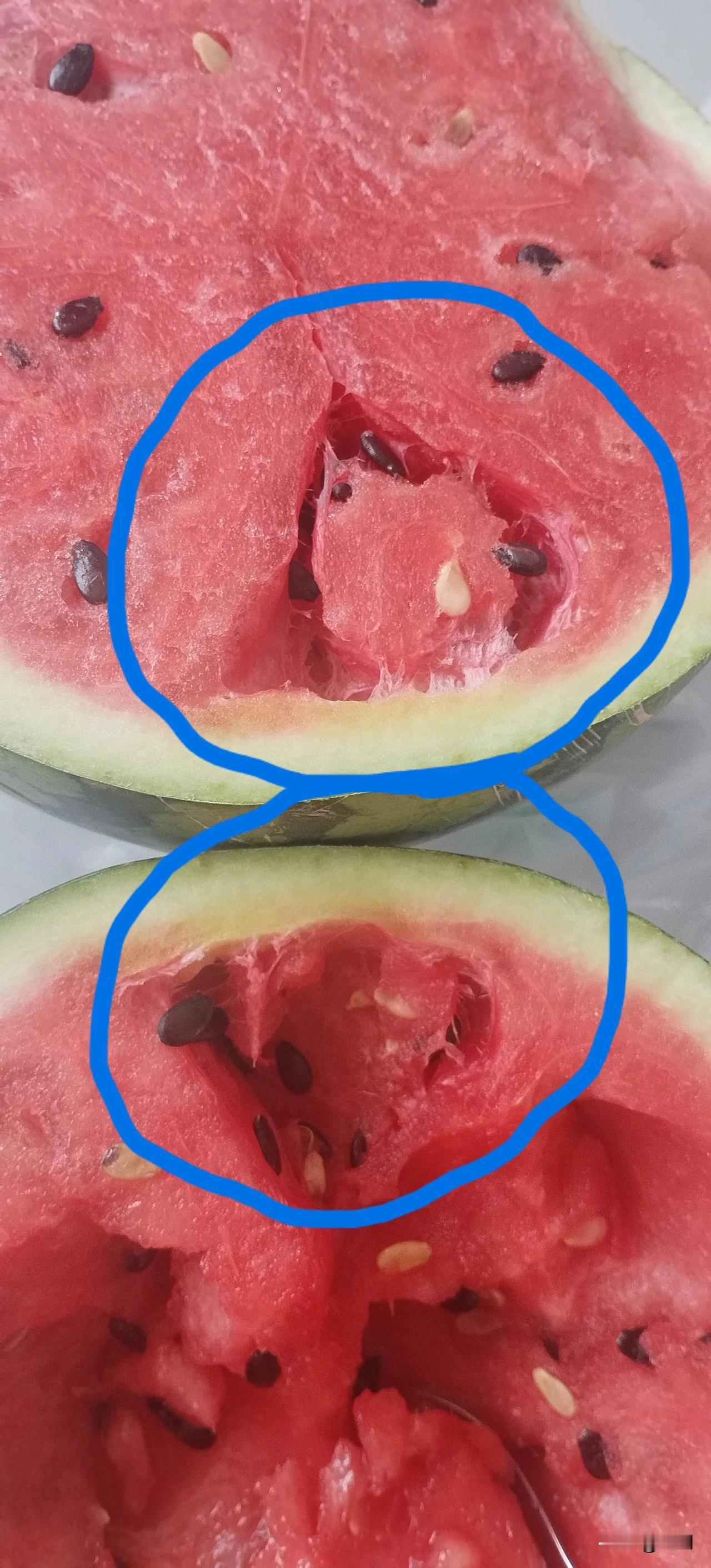 中午买了一个西瓜，切开就是这样的，第一次遇见这种情况，一公斤1.5元买的，外观看