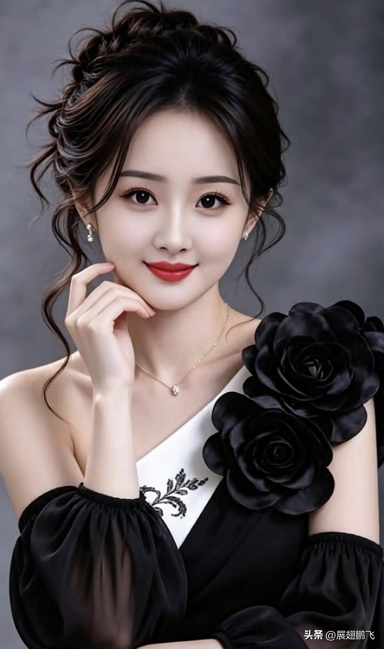 红妆美人倚，黑玫瑰相映。红裙玫瑰写真 玫瑰花美人照 玫瑰红裙照 玫瑰花美人照 玫