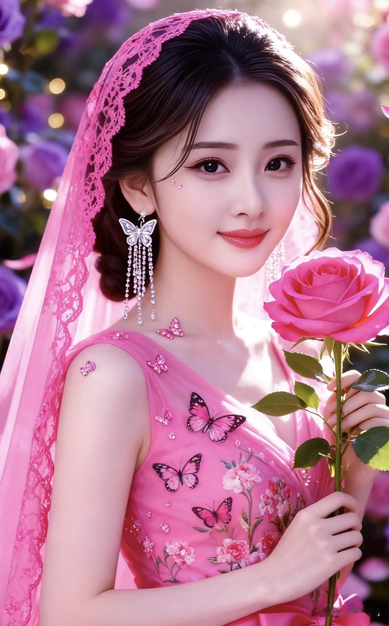粉衣美人手捧花，花中自有蝶飞舞。粉裙花畔照 粉樱美人图 粉牡丹美人 粉樱美人图 