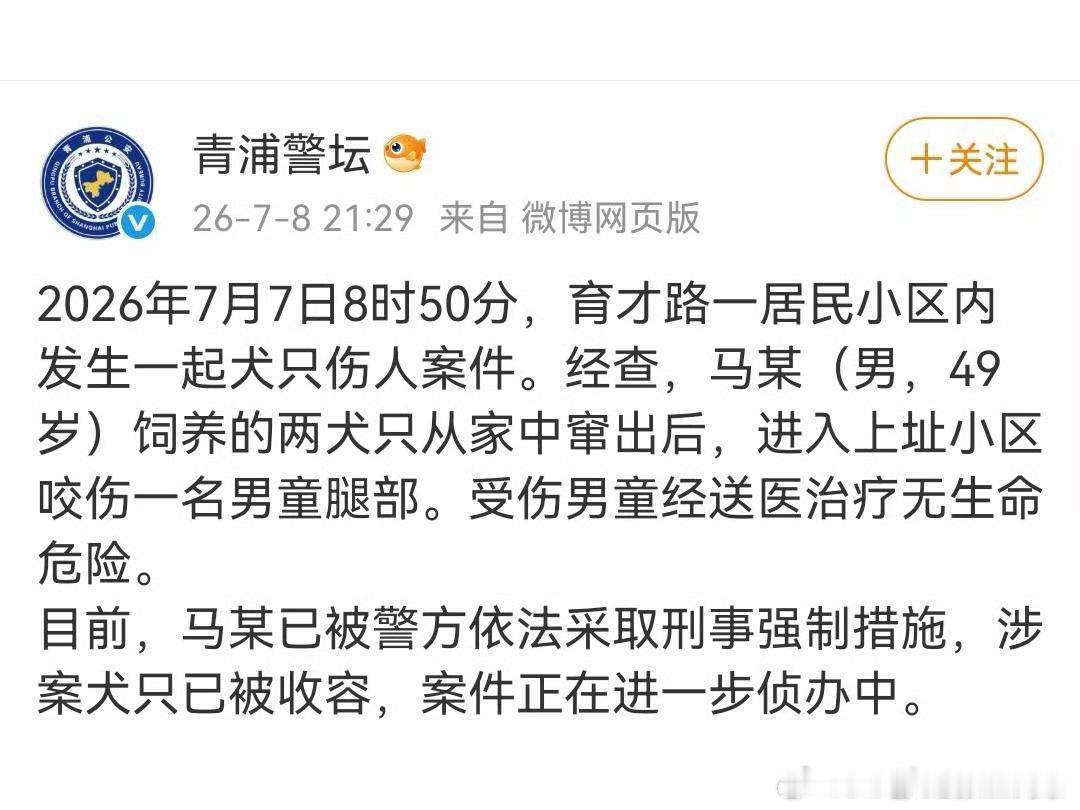 上海警方通报两犬撕咬幼童拖行这个处理可以，狗主人刑事强制措施 