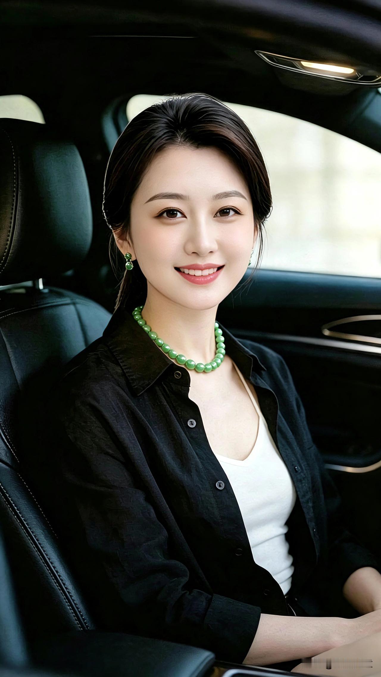 坐在车内，感受一份从容自在。简约黑衫搭配温润玉饰，沉淀出成熟女性独有的温婉大气，