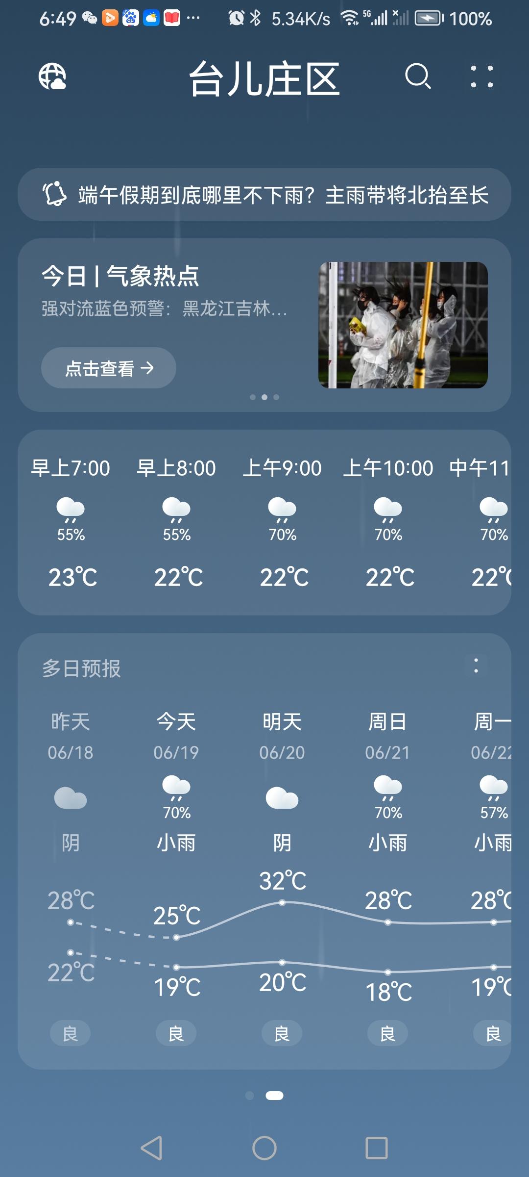 “6.19”端午节，天气预报“小雨”。气温19—25度