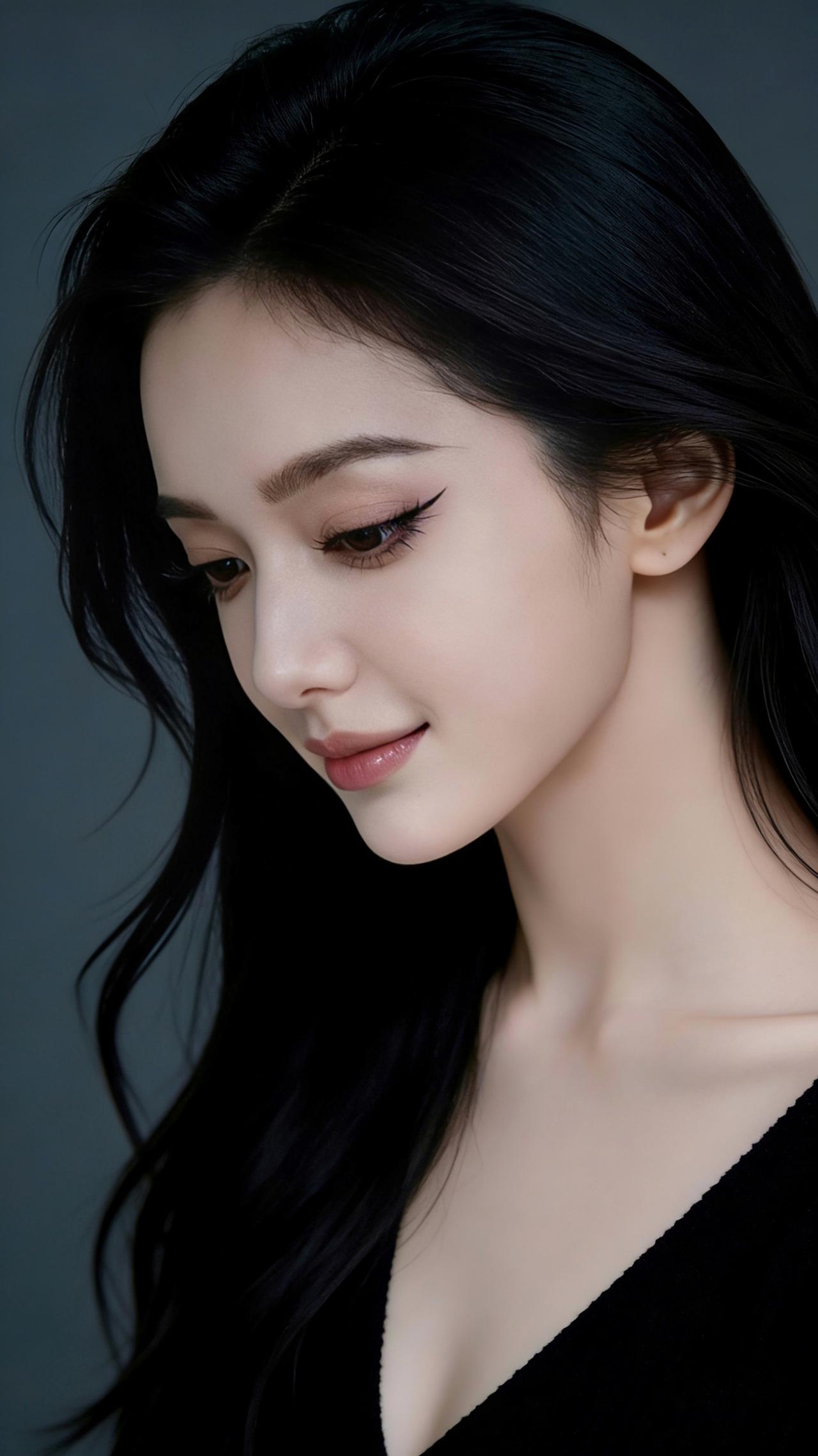 九帧同绘侧颜仙！乌发如瀑垂落，深灰衣衬曼妙身。侧光暖洒发丝肩，明暗织出柔轮廓。背