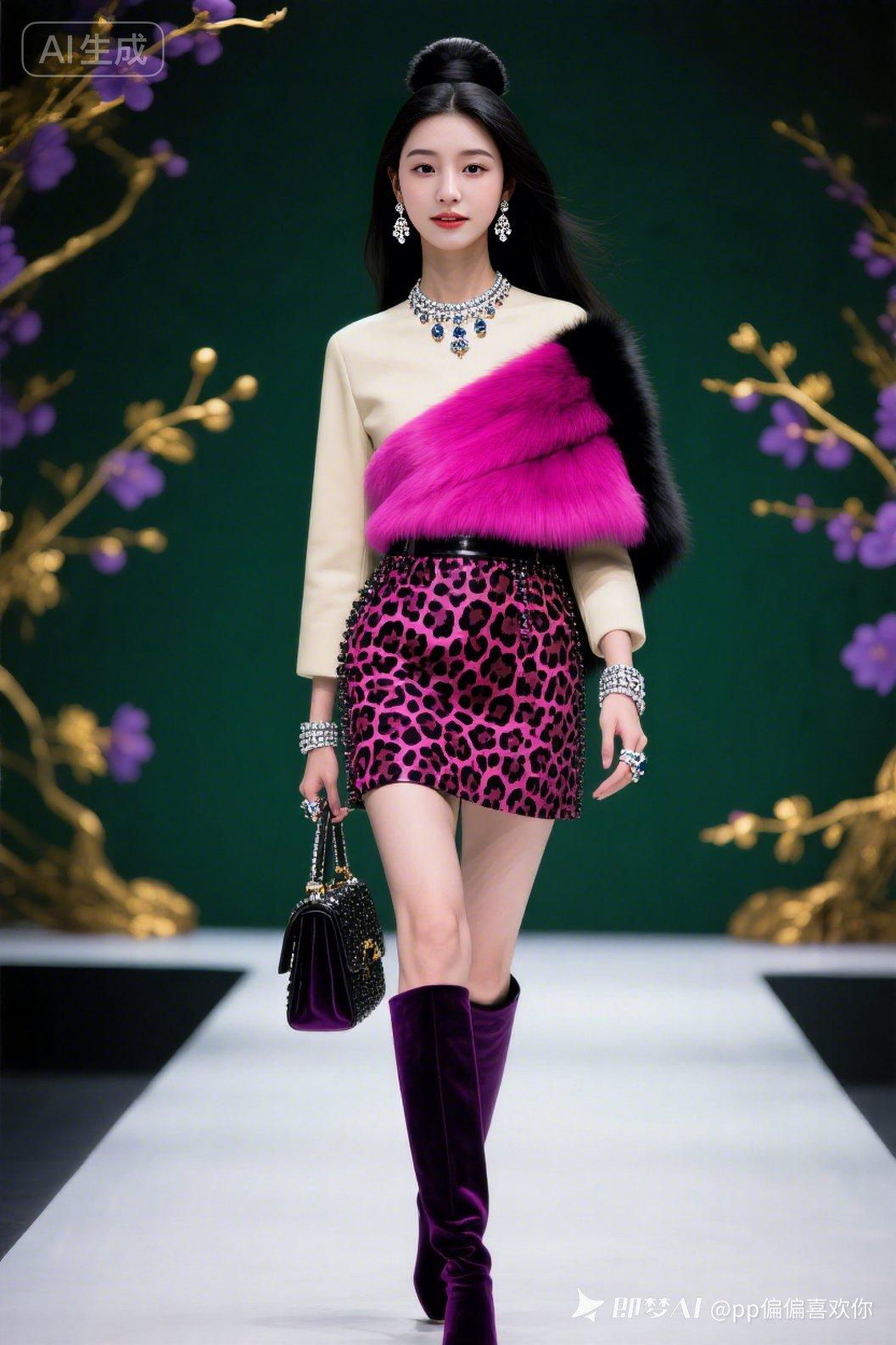 高挑美人T台走秀，丹凤眼细长眉，明眸皓齿冷白皮，高颅顶高发髻。身着豹纹荧光玫黑皮