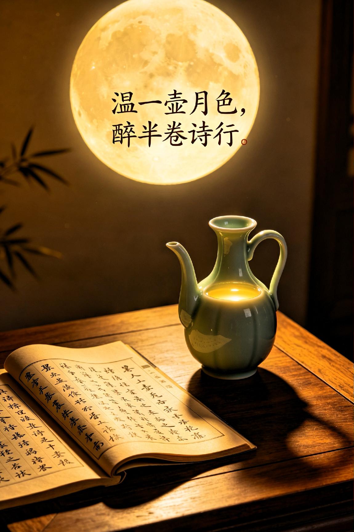 温一壶月色，醉半卷诗行！



七言诗.月下诗怀
 
温盏清辉落案旁，溶溶月色染
