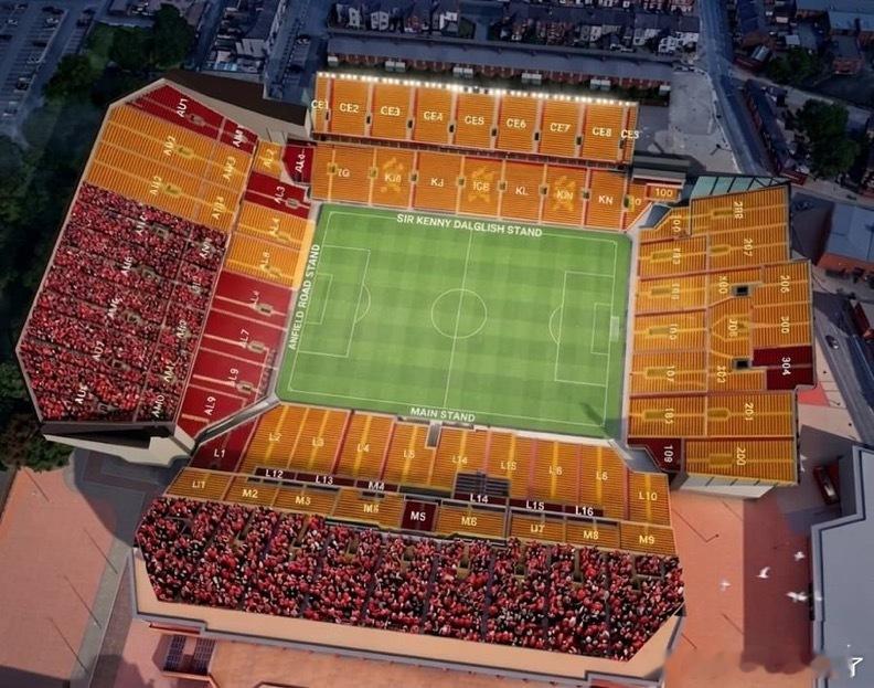 据说安菲尔德空场暴风雨？ 图片中标有橙色的阴影座位尚未被利物浦球迷预订。主看台、