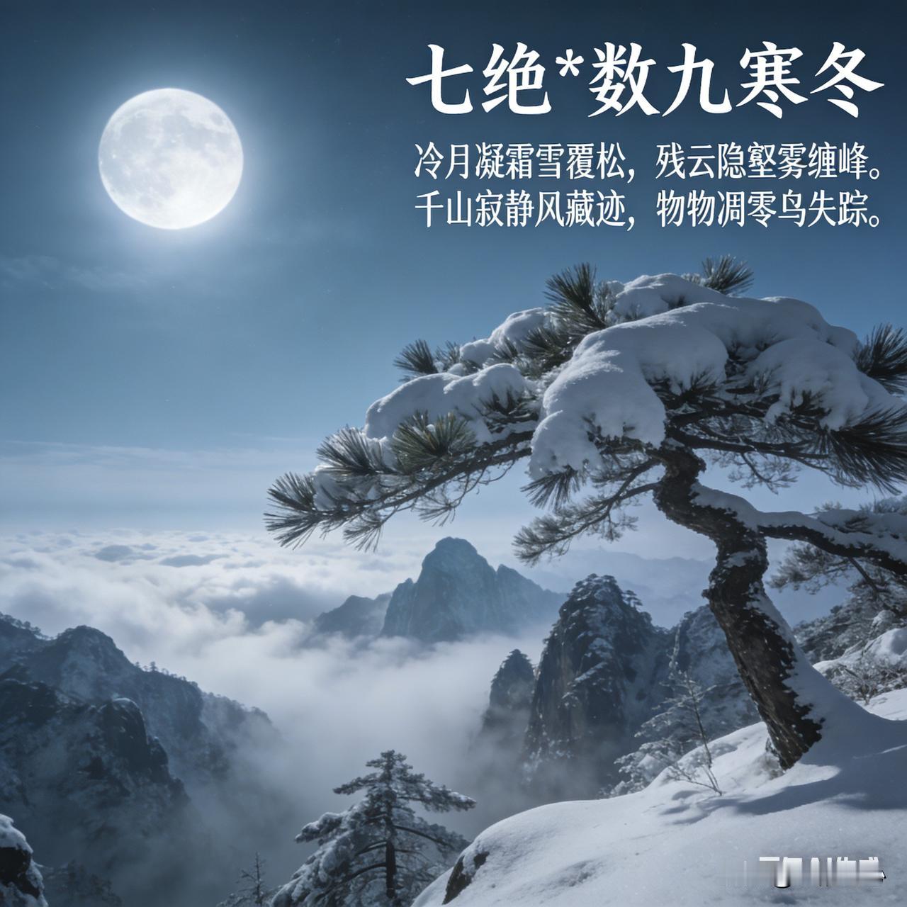 《七绝*数九寒冬》乐韵诗心原创诗词:
冷月凝霜雪覆松，
残云隐壑雾缠峰。
千山寂