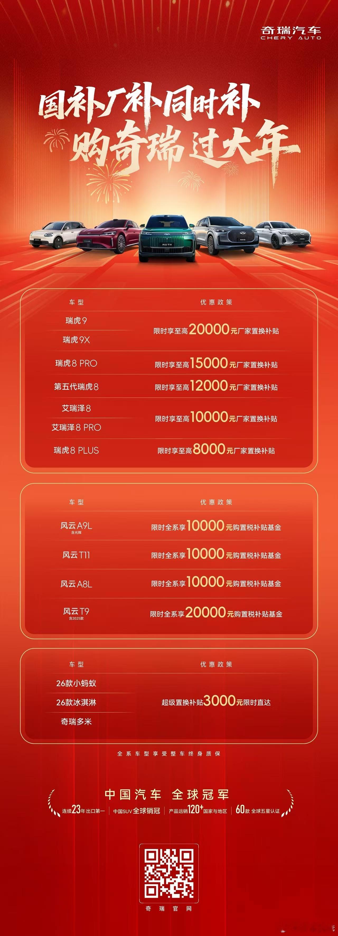 购奇瑞过大年国补厂补一起补至高20000元置换补贴全系车型享整车终身质保 
