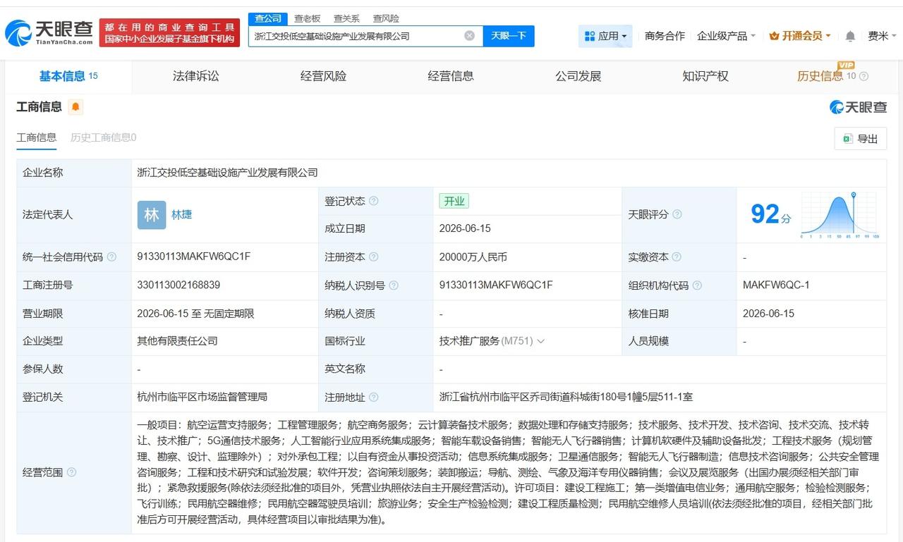 浙江交投低空基础设施产业发展公司登记成立 注册资本2亿
天眼查App显示，近日，