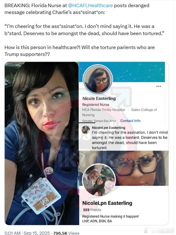佛罗里达州一名护士在发布疯狂信息庆祝查理的暗杀：“我为暗S欢呼。我不介意这么说。