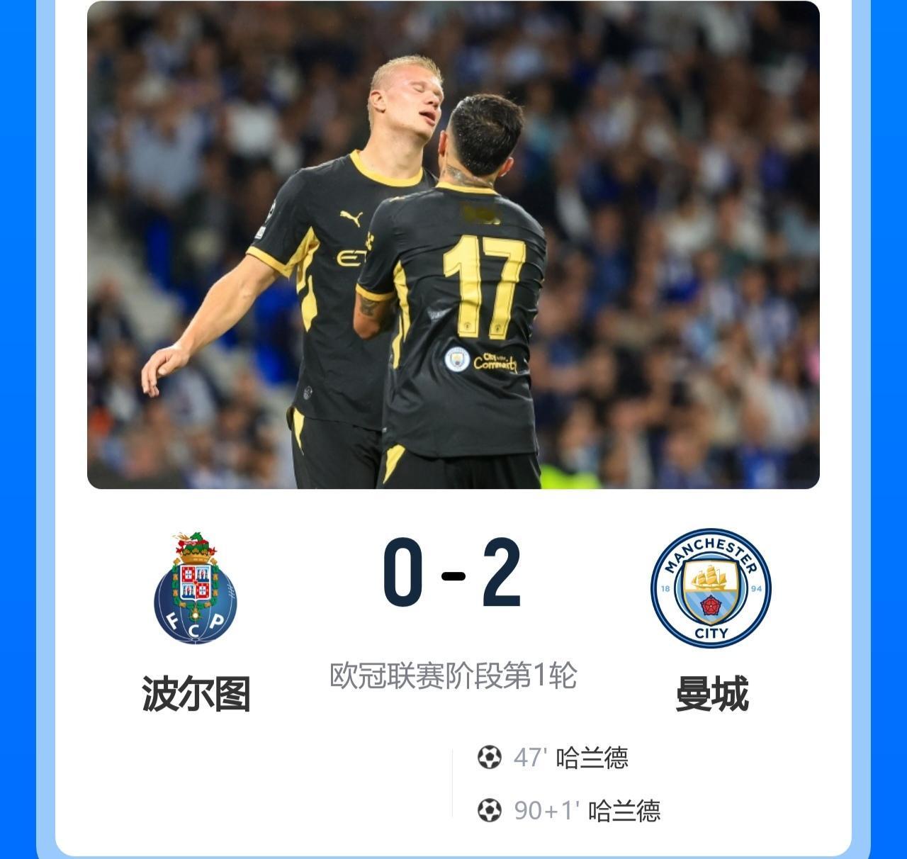 欧冠开门红来了……

曼城客场2-0轻取葡超领头羊波尔图！

此役，哈兰德双响，