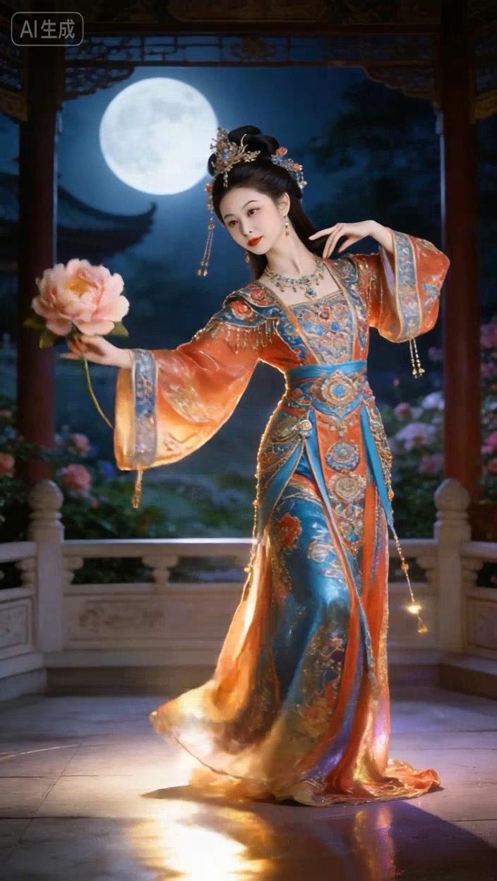 七绝●赊光写联/古韵   

鲜花在手舞蹁跹，
皓月当空亮夜天。
雅院亭中灵感启