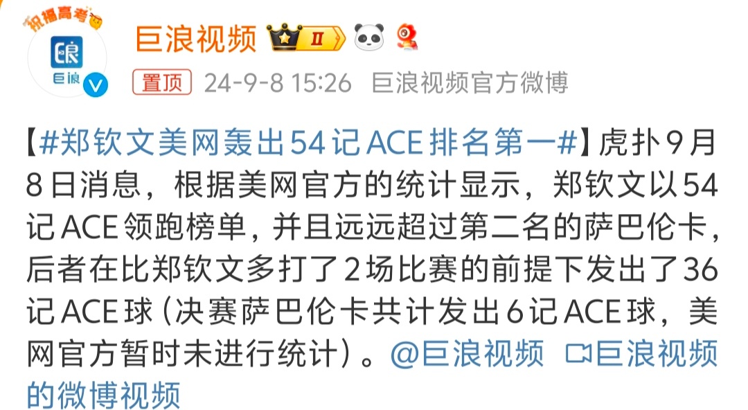 #郑钦文美网轰出54记ACE排名第一# 真的太强了，自从奥运会夺金以后大家的期待