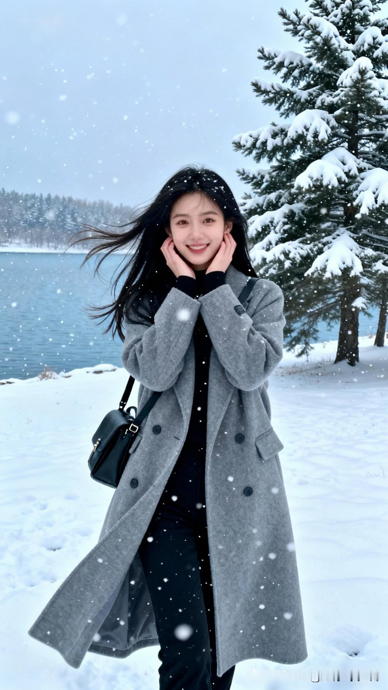 雪中红袖添香，寒梅映笑颜。旅游美照随手拍 冬日雪景中的甜美少女，温暖微笑，冬日穿