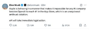 马斯克发文称他的xAI将起诉苹果，因为xAI无法在超越 OpenAI 在App 
