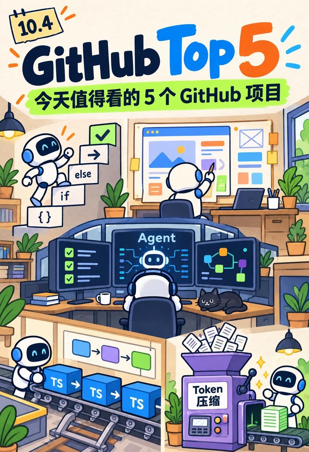 10.4 GitHub Top 5
今天榜单像一套 Agent 工程优化包：少写