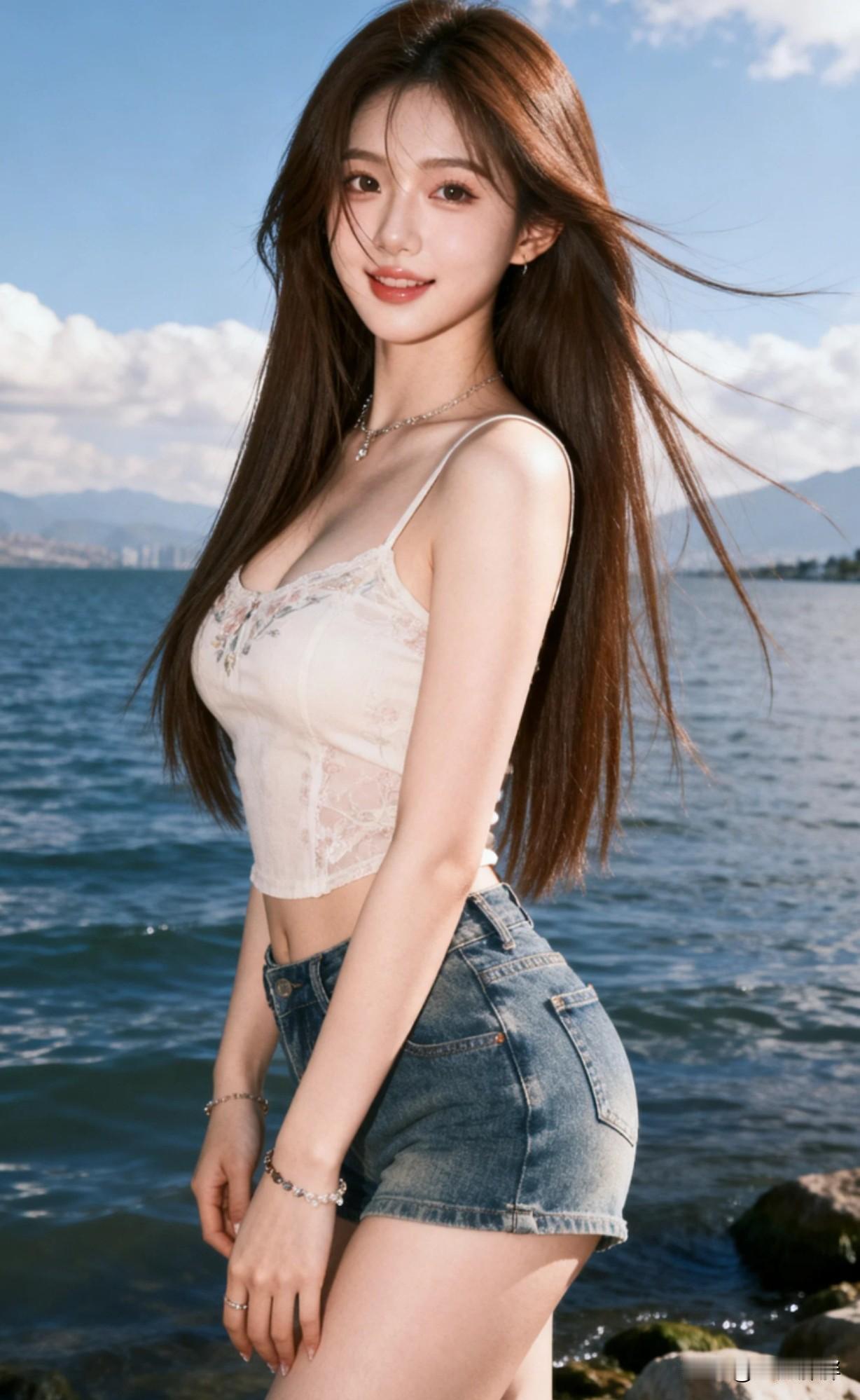 一位小姐姐在洱海边自由拍照，她甜美的笑容，自然的动作真是一幅赏心悦目的画卷。海边