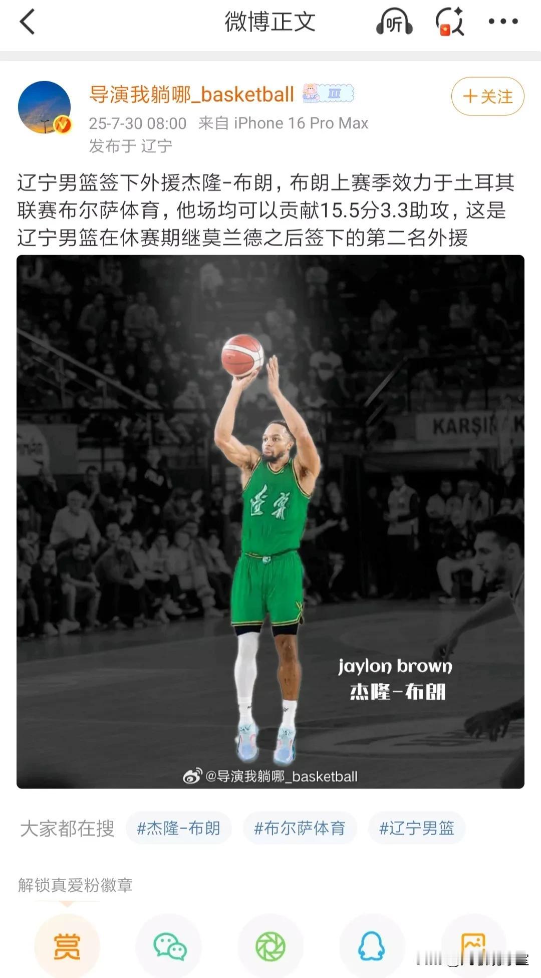 照葫芦画瓢！辽宁男篮效仿浙江广厦，签下土超联赛球员杰隆.布朗，不过此布朗能力不比