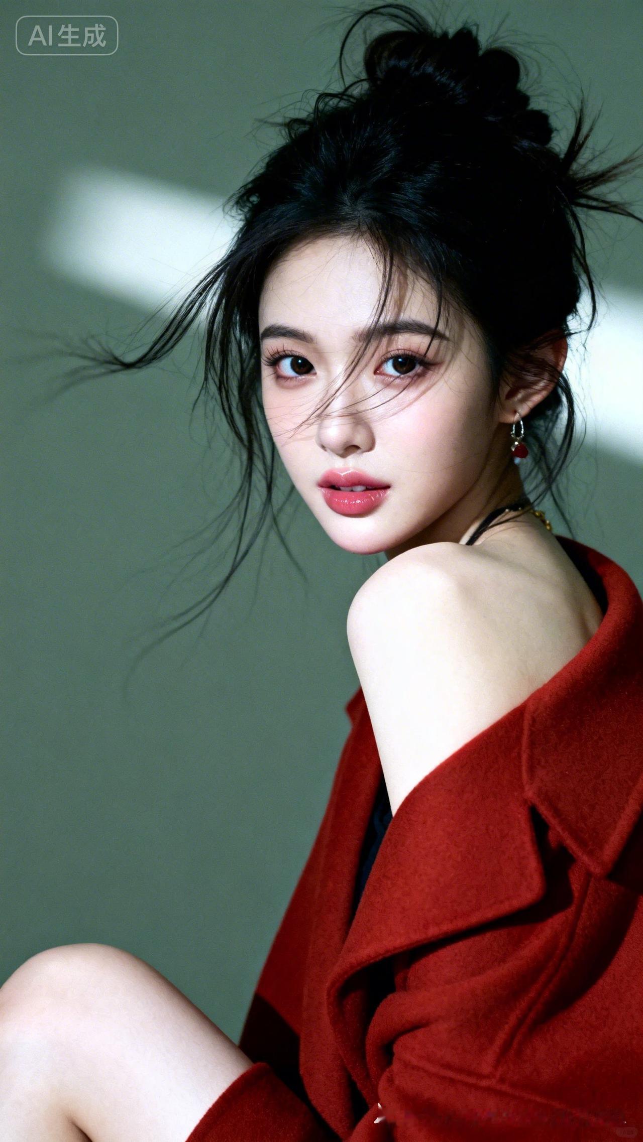 东方江南少女，冷艳慵懒纯欲兼具，凌乱盘发碎发轻飘，红色廓形衣衬娇小身形，幼态尖下
