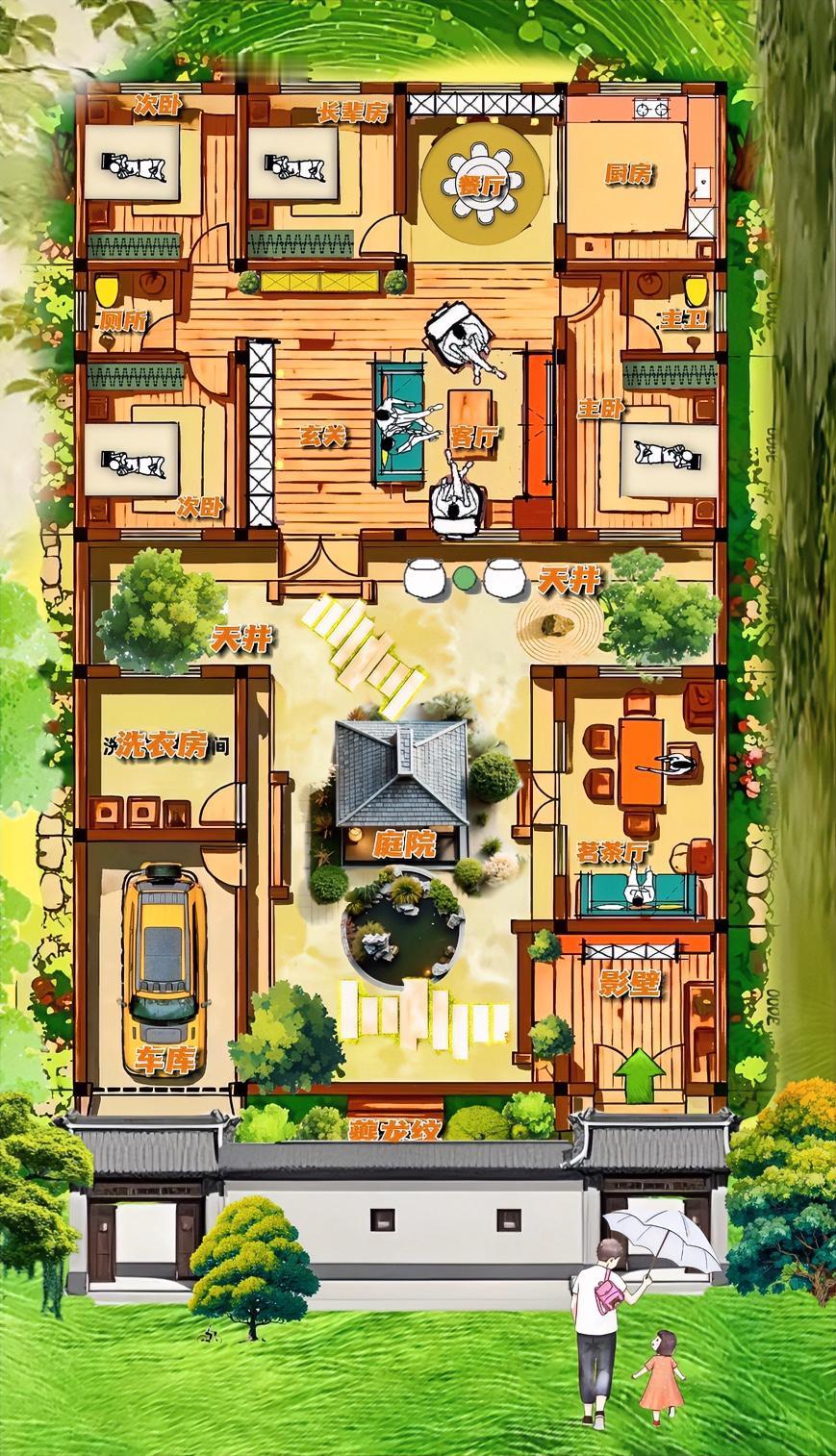 充满了智慧合院，309㎡属于中式皮肤，西式的布局，迭代升级后东方风格，无论布局，