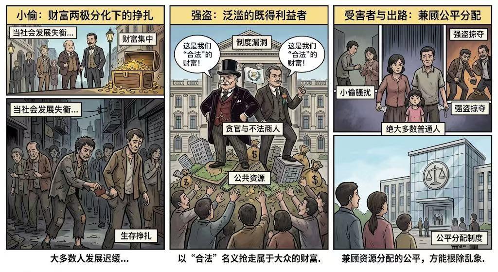 小偷与强盗

曾经，社会上突然涌现出大量小偷，公共场所偷钱包、入室偷电视的现象屡