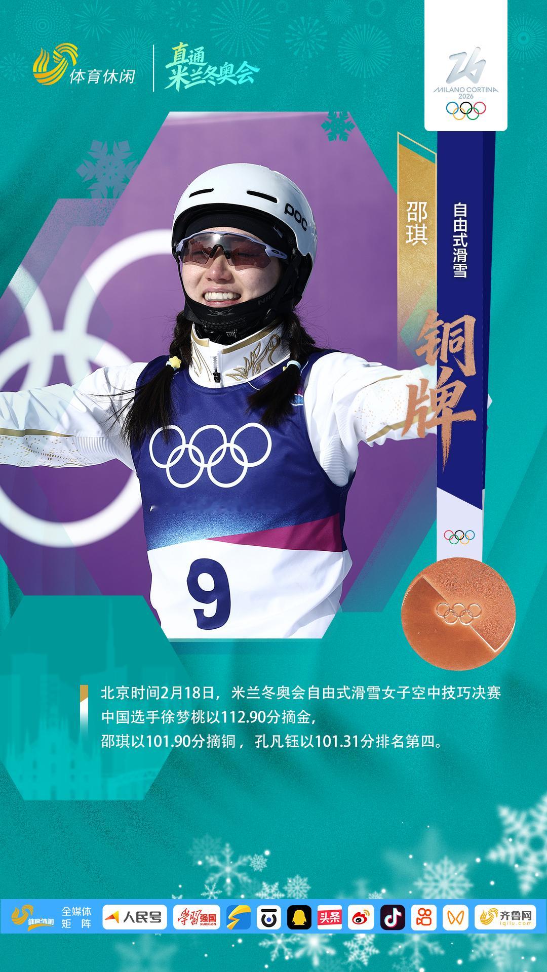 米兰冬奥会自由式滑雪女子空中技巧决赛，徐梦桃以112.90分摘金，邵琪以101.