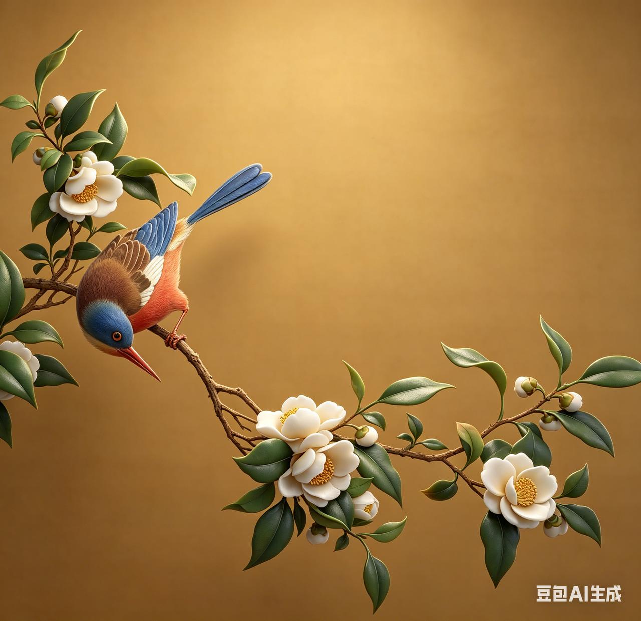 黄筌《长春花鸟册》：茶花翎毛（AI复原图）

黄筌此帧茶花翎毛，以富贵为骨，以写