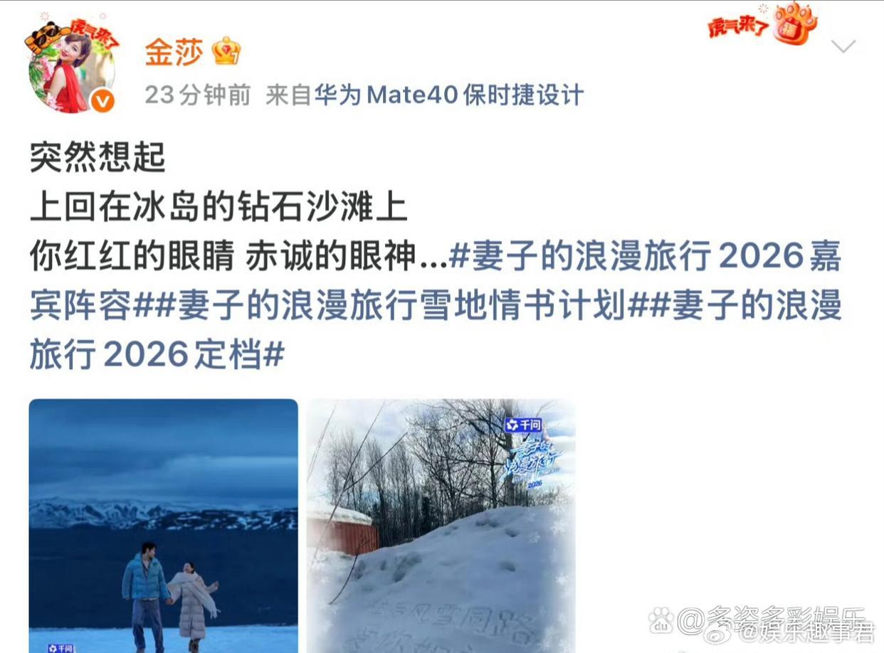 金莎孙丞潇上夫妻综艺了金莎与孙丞潇参加了综艺《妻子的浪漫旅行》， 