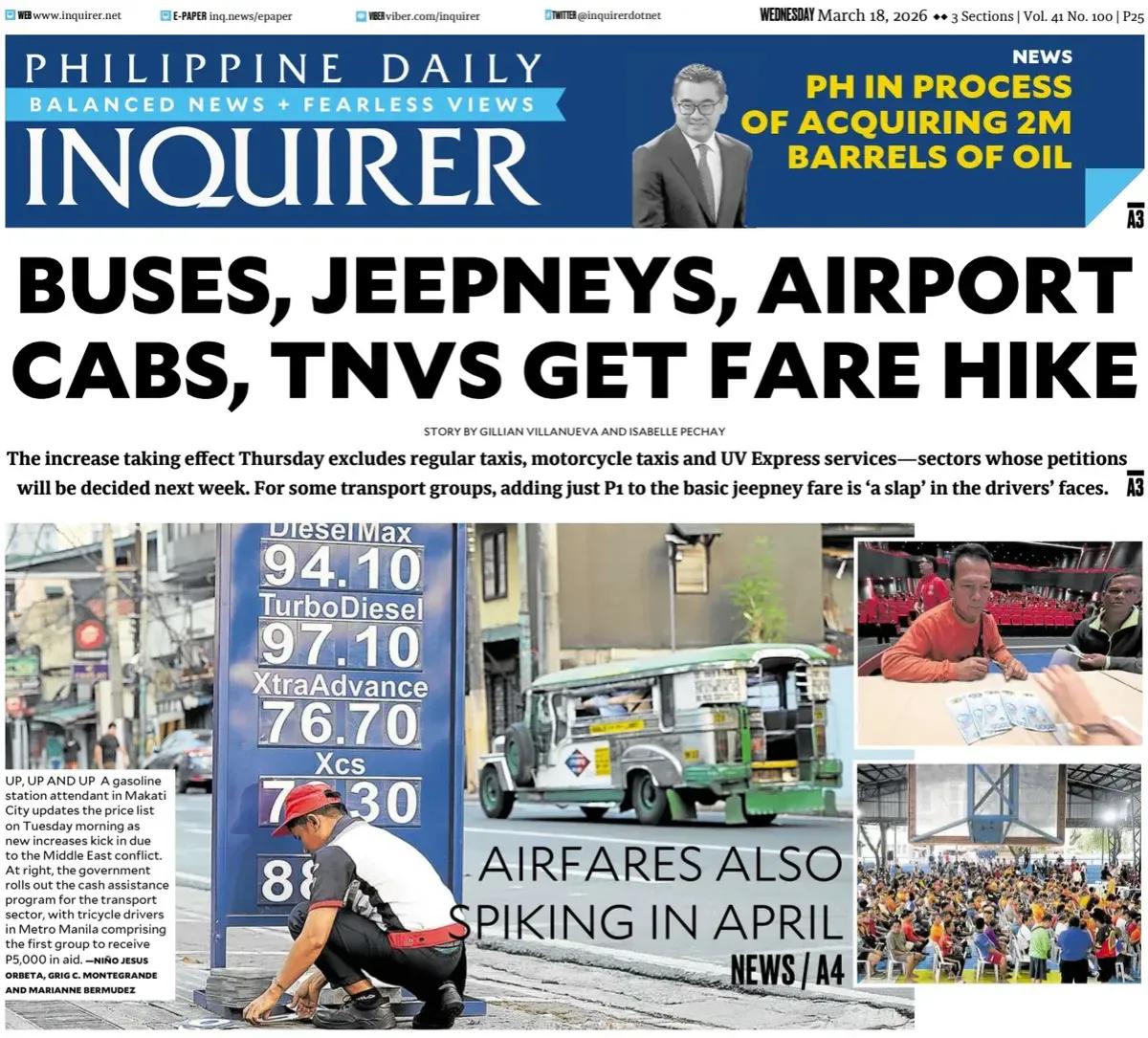 《菲律宾每日问询者报》头版报道称，菲律宾的巴士、吉普尼、机场出租车、TNVS（交